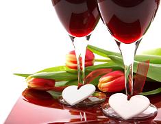 valentines day hearts and red wine glasses