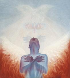 spiritually ascending man with arms folded surrounded with light